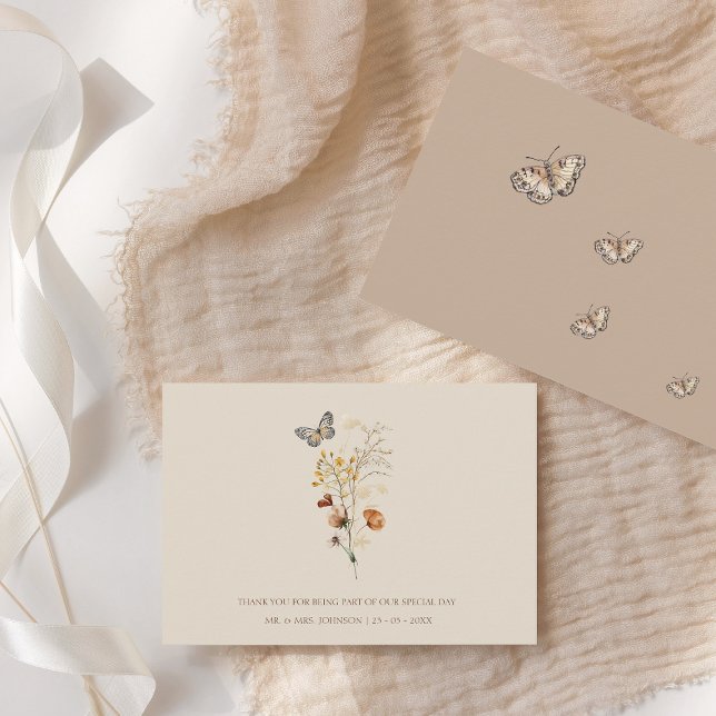 Rustic Brown Wildblommor och Butterflies Bröllop Tack Kort (Rustic Brown Wildflowers and Butterflies Wedding Thank You Card)