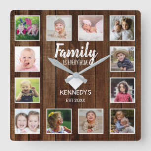Rustic Brown Wood 12 Photo Collage Family Quote Fyrkantig Klocka
