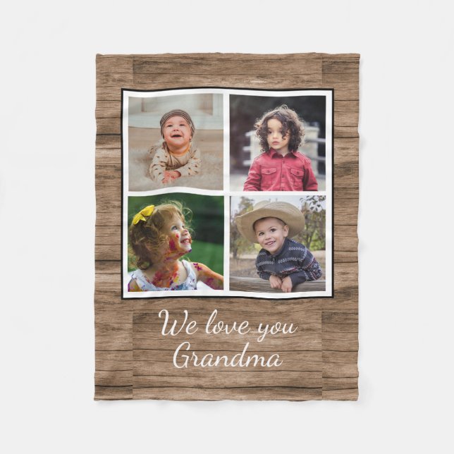 Rustic Brown Wood 4 Photo Collage Grandma Fleecefilt (Framsidan)