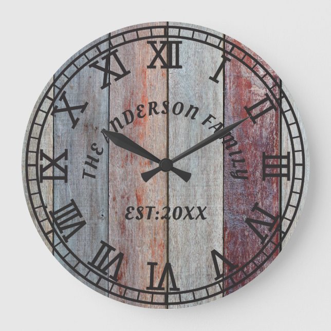Rustic Brown Wood Anpassningsbar Family Namn Stor Klocka (Framsida)