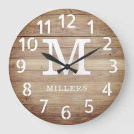 Rustic Brown Wood Family Namn Monogram Farmhouse Stor Klocka