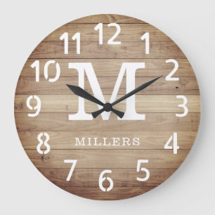 Rustic Brown Wood Family Namn Monogram Farmhouse Stor Klocka