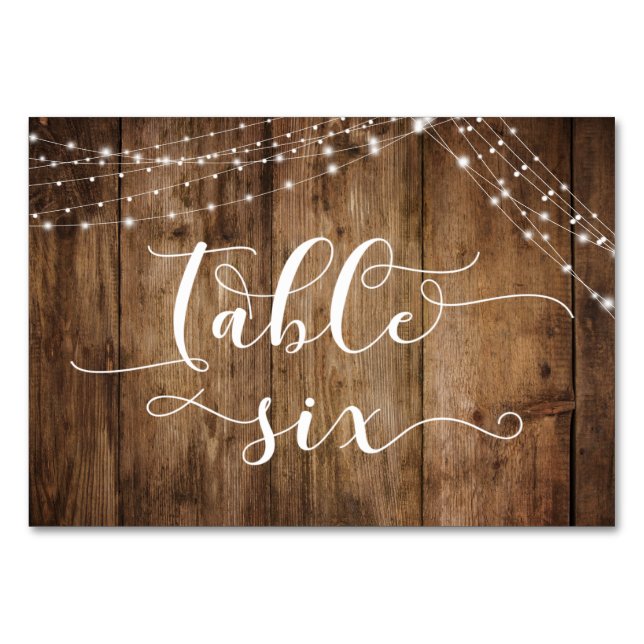 Rustic Brown Wood & Light Strings Bord sexkort Bordsnummer (Framsidan)