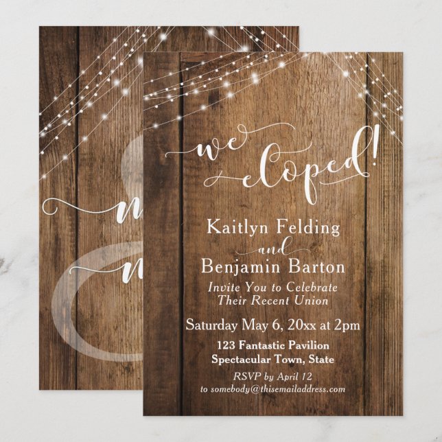 Rustic Brown Wood & Ljus vi Elope Firande Inbjudningar (Fram/baksida)