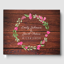 Rustic Brown Wood Rosa Blommigt Landsbyggsbröllop Gästböcker
