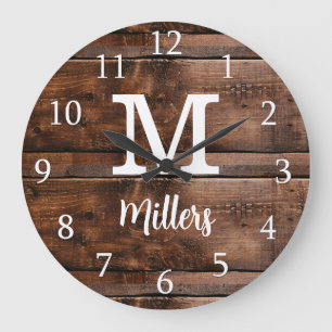 Rustic Brown Wood Script Family Namn Monogrammed Stor Klocka