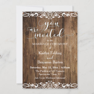 Rustic Brown Wood, Scrollwork, Typography Bröllop Inbjudningar