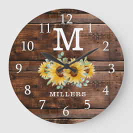 Rustic Brown Wood Solros Family Namn Monogram Stor Klocka