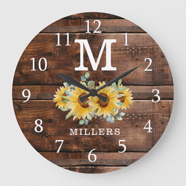 Rustic Brown Wood Solros Family Namn Monogram Stor Klocka (Framsida)