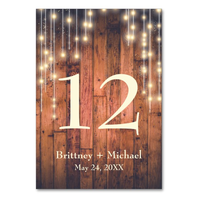 Rustic Brown Wood String Light Bord Card Bordsnummer (Framsidan)