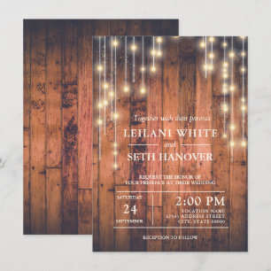 Rustic Brown Wood String Ljus Bröllop Inbjudningar