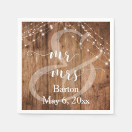 Rustic Brown Wood, White Light Strings Mr & Mrs. Pappersservett