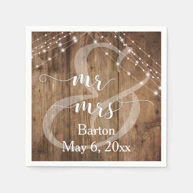 Rustic Brown Wood, White Light Strings Mr & Mrs. Pappersservett (Framsidan)