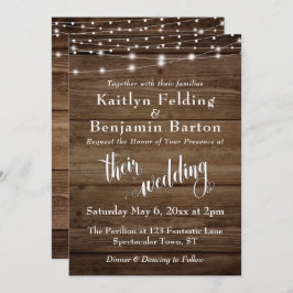 Rustic Brown Wood White Ljus & Script, Bröllop 2 Inbjudningar