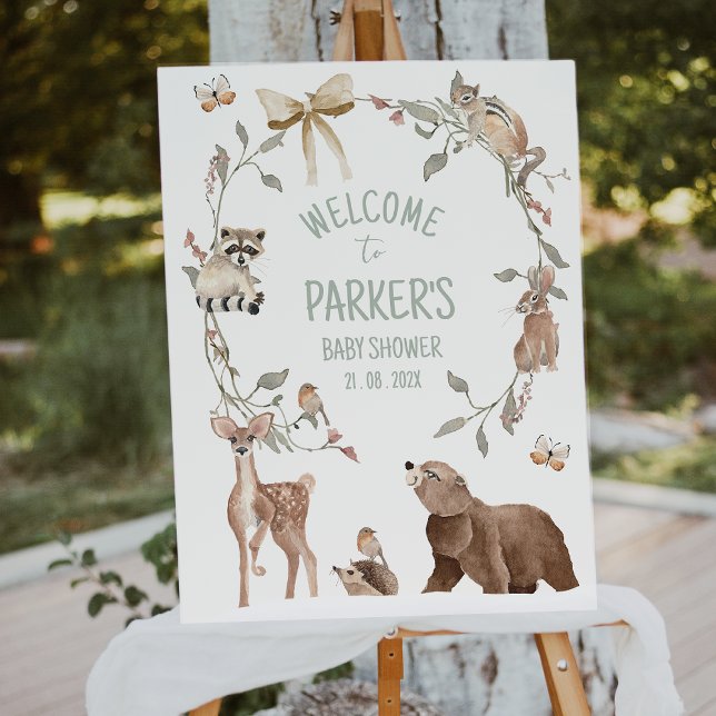 Rustic Brown Woodland Baby Shower Welcome Sign Fototryck (Woodland Baby Shower Welcome Sign, Rustic Woodland Animals Baby Shower Welcome Sign, Gender Neutral)