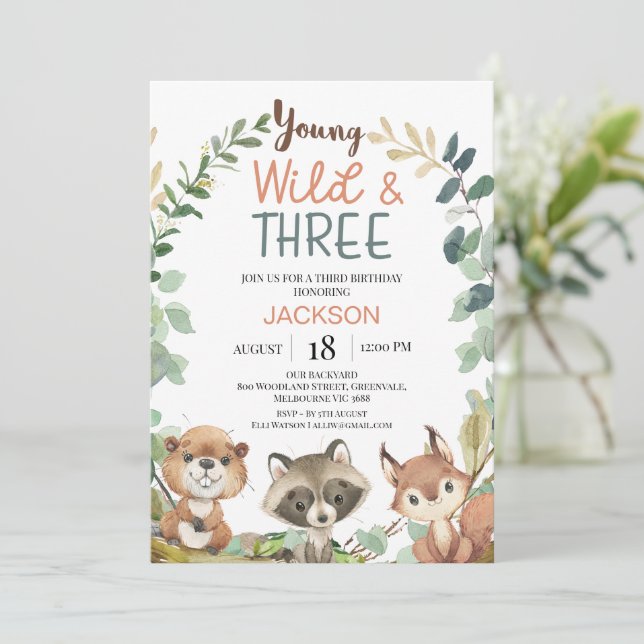Rustic Brown Woodland Young Wild Three Birthday Inbjudningar (Stående Fram)