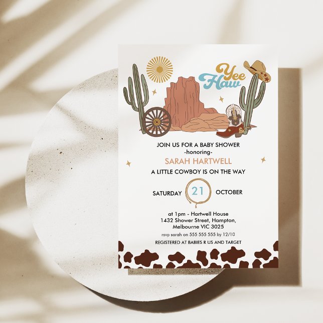 Rustic Brown Yea Haw Little Cowboy Shower Inbjudningar (Editable Cowboy Baby Shower Invitation, Little Cowboy baby shower Invite, Wild West Theme, Boy)