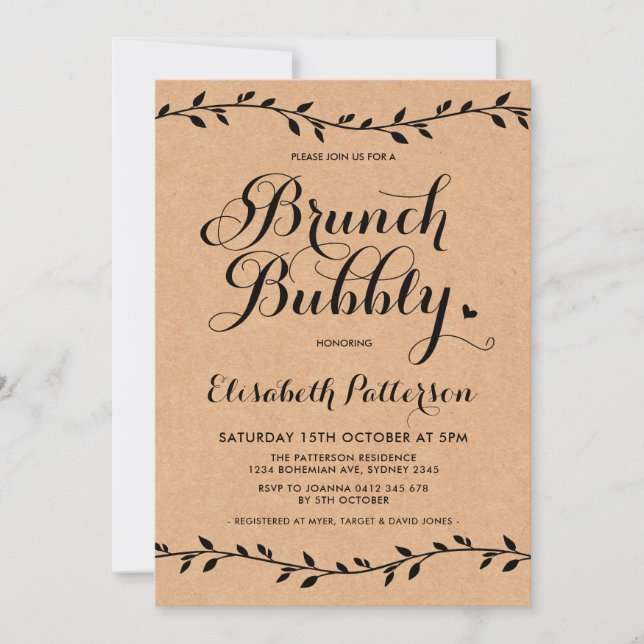 Rustic Brunch & BubLY Baby Shower Modern Laurels Inbjudningar (Framsida)