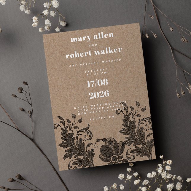 Rustic brunkol, papper svart blommigt snöre Bröllo Inbjudningar (Rustic brown kraft paper black floral lace Wedding )