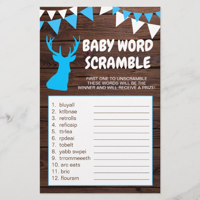 Rustic Buck Blue Boy Shower ORD SCRAMBLE Flygblad (Framsidan)