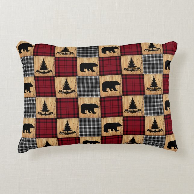 Rustic Buffalo Check Bears Träd Wood Red Black Prydnadskudde (Framsidan)