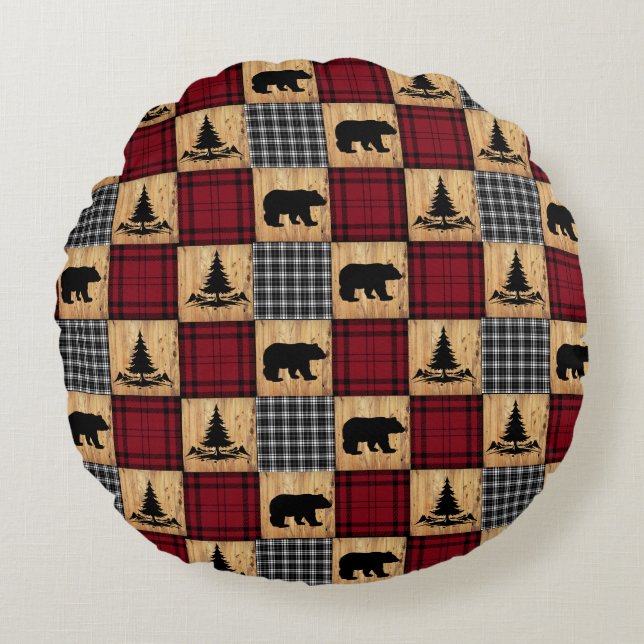 Rustic Buffalo Check Bears Träd Wood Red Black Rund Kudde (Framsidan)