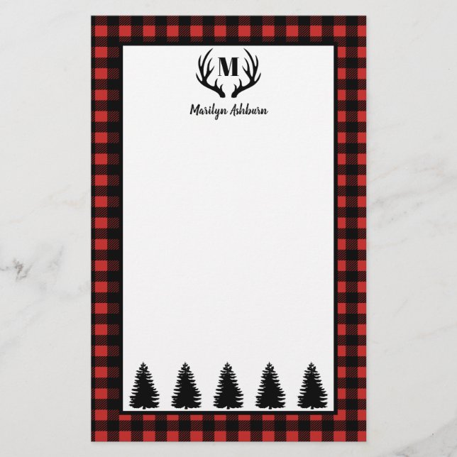Rustic Buffalo Check Plaid & Black Forest & Antler Brevpapper (Framsida)
