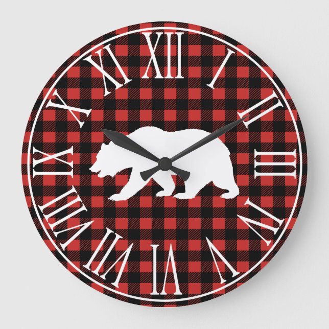 Rustic Buffalo Check Play & White Bear Silhouette Stor Klocka (Framsida)