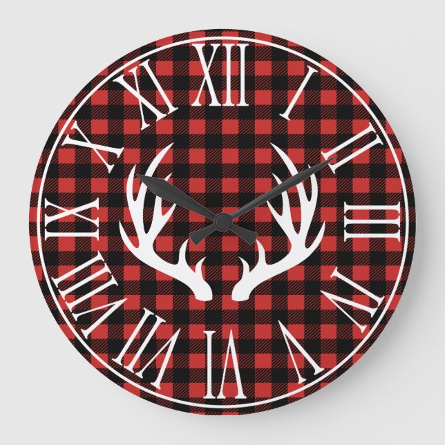 Rustic Buffalo Check Play & White Hjort Antlers Stor Klocka (Framsida)