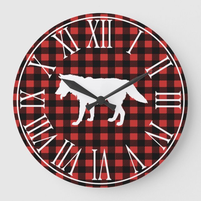 Rustic Buffalo Check Play & White Varg Silhouette Stor Klocka (Framsida)