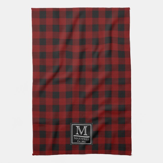 Rustic Buffalo Checks | Plattform Monogram Namn år Kökshandduk (Vertikal)