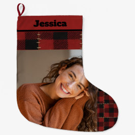 Rustic Buffalo Plaid Custom Name and Photo  Stor Julstrumpa