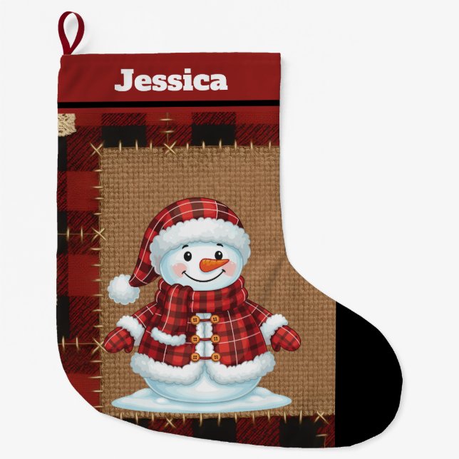 Rustic Buffalo Plaid Custom Name Snowman Stor Julstrumpa (Framsidan)