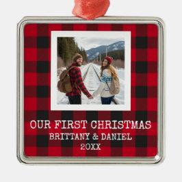 Rustic Buffalo Plaid First Christmas Julgransprydnad Metall