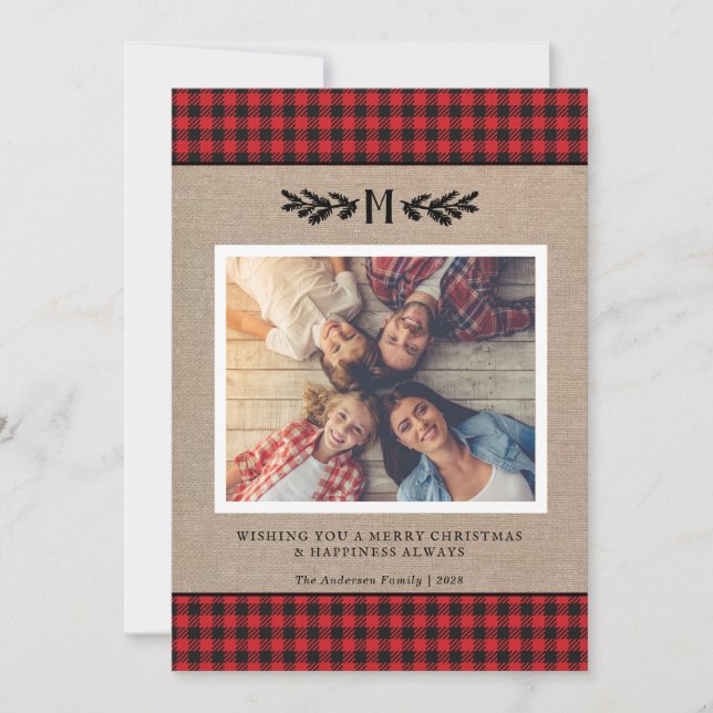 Rustic Buffalo Plaid Monogrammed Photo Christmas  Julkort (Framsida)