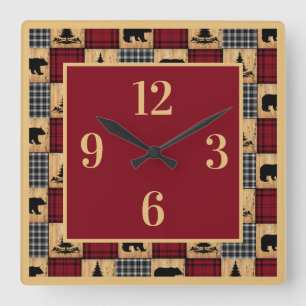 Rustic Buffalo Play Bears Träd Wood Red Black Fyrkantig Klocka
