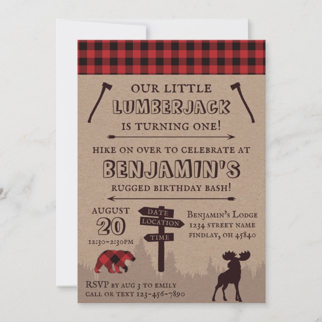 Rustic Buffalo Play Lumberjack Birthday Theme Inbjudningar (Framsida)
