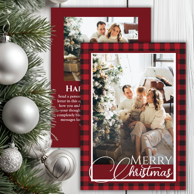 Rustic Buffalo Play Red and Black Photo- jul Julkort (Rustic Buffalo Plaid Red and Black Photo Christmas Holiday Card)