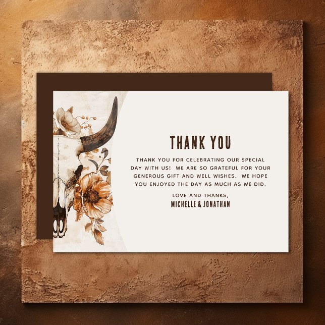 Rustic Bull Cow Skull Blommigt Boho Westernare Brö Tack Kort (Rustic Bull Cow Skull Floral Boho Western Wedding Thank You Card)