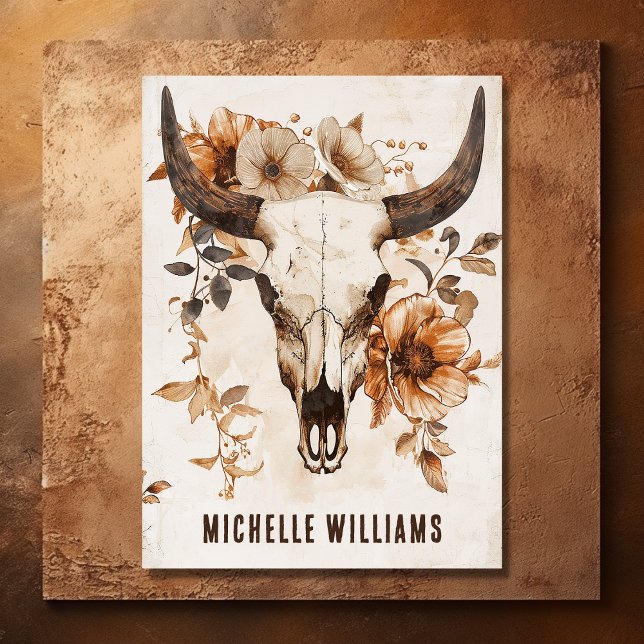 Rustic Bull Cow Skull och Flowers Boho Western Visitkort (Front - Rustic Bull Cow Skull and Flowers Boho Western Business Card)