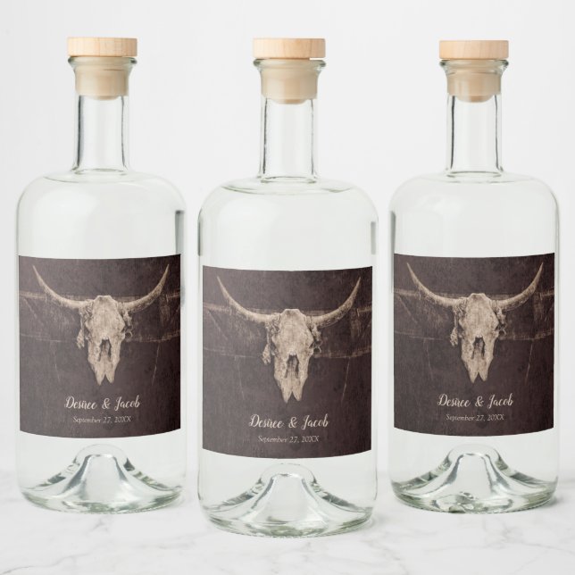 Rustic Bull Skull Bröllop Land Westernare Struktur Spritflaskor Etikett (Flaskor)