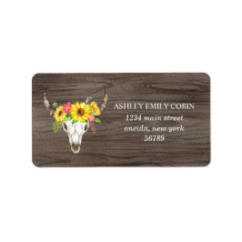 Rustic Bull Skull på Mörk Wood med solblommor Adressetikett