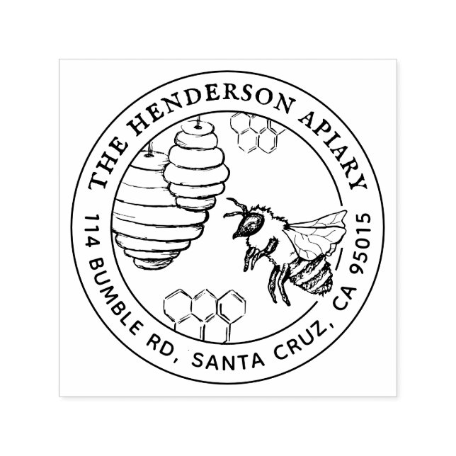 Rustic Bumblebee Hive Sketch Round Returadress Självfärgande Stämpel (Design)