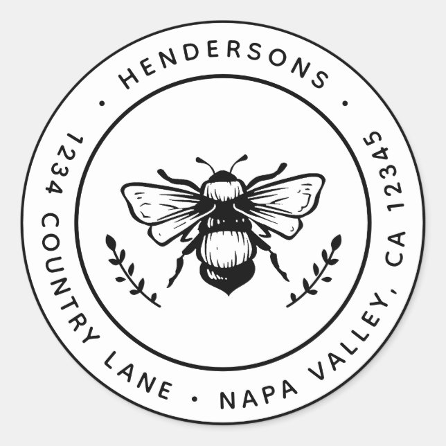Rustic Bumblebee Round Returadress Runt Klistermärke (Framsida)