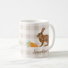 Rustic Bunny And Carrots With Name Beige Gingham Kaffemugg