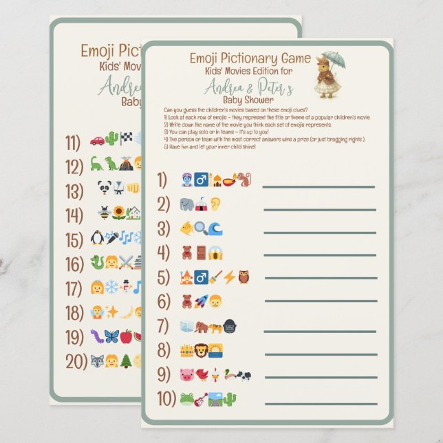 Rustic Bunny Baby Shower Emoji Pictionary (Fram/baksida)