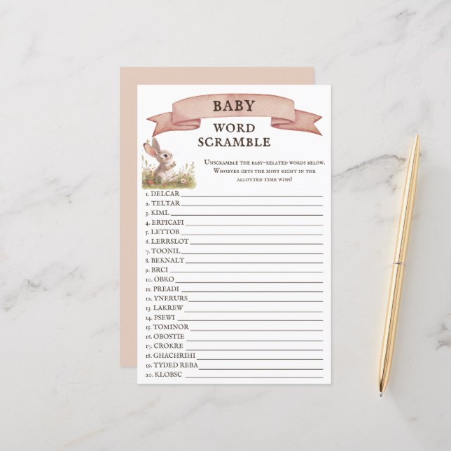 Rustic Bunny Baby Shower Ord Scramble Game (Fram/Back In Situ)