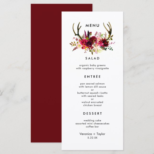 Rustic Burgundy Antlers Simple 3-kurs  Meny (Fram/baksida)