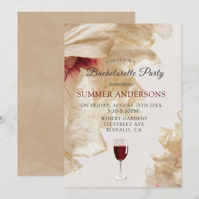Rustic Burgundy Beige Anemone Bachelorette Party Inbjudningar (Fram/baksida)