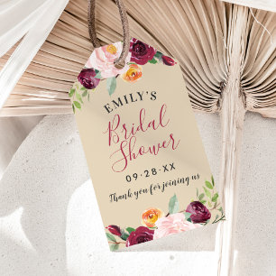 Rustic Burgundy Beige Blommigt Bröllop Möhippa Presentetikett